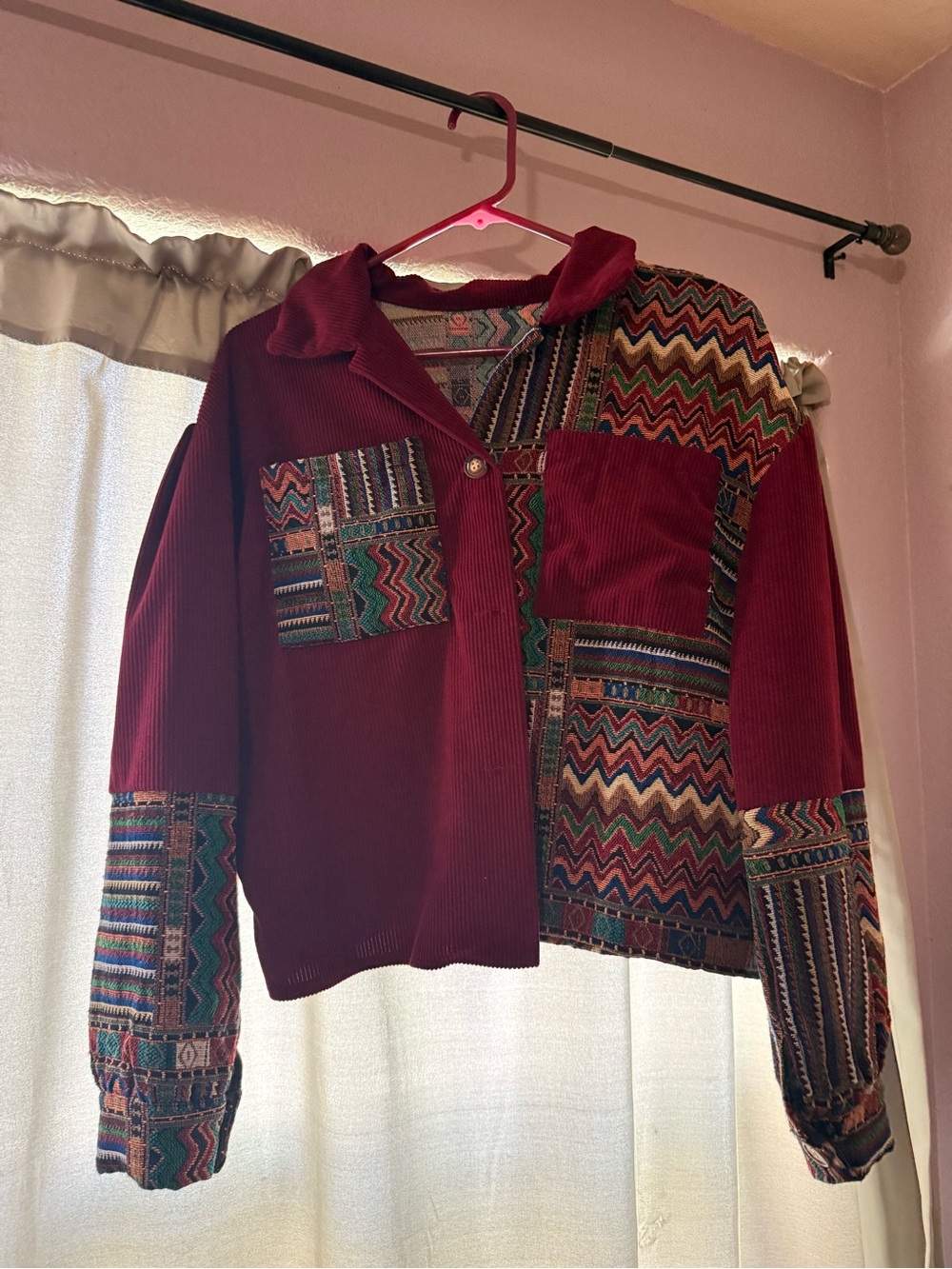 SHEIN Burgundy Patchwork Corduroy Button-Up Cardigan